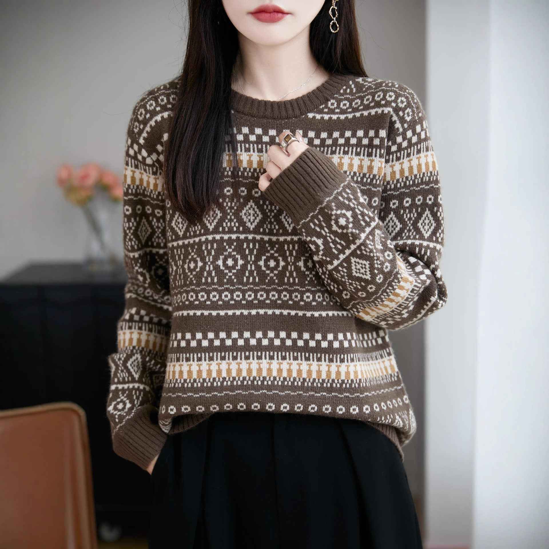 Retro Jacquard Crew-Neck Pullover Fair Isle Thickened Sweater