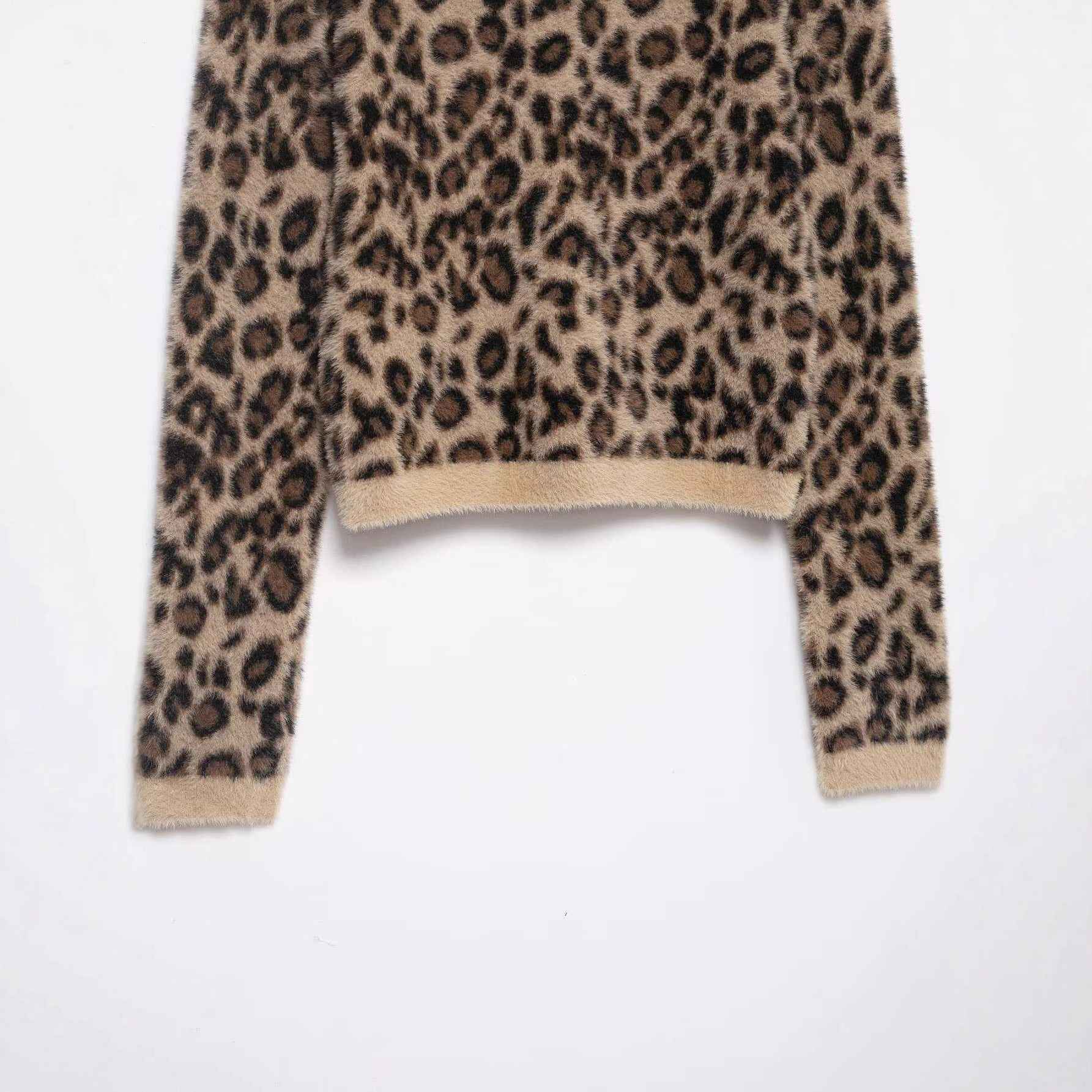 Retro Leopard-Print Crew-Neck Cropped Knitted Sweater