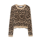 Retro Leopard-Print Crew-Neck Cropped Knitted Sweater - Genzzes