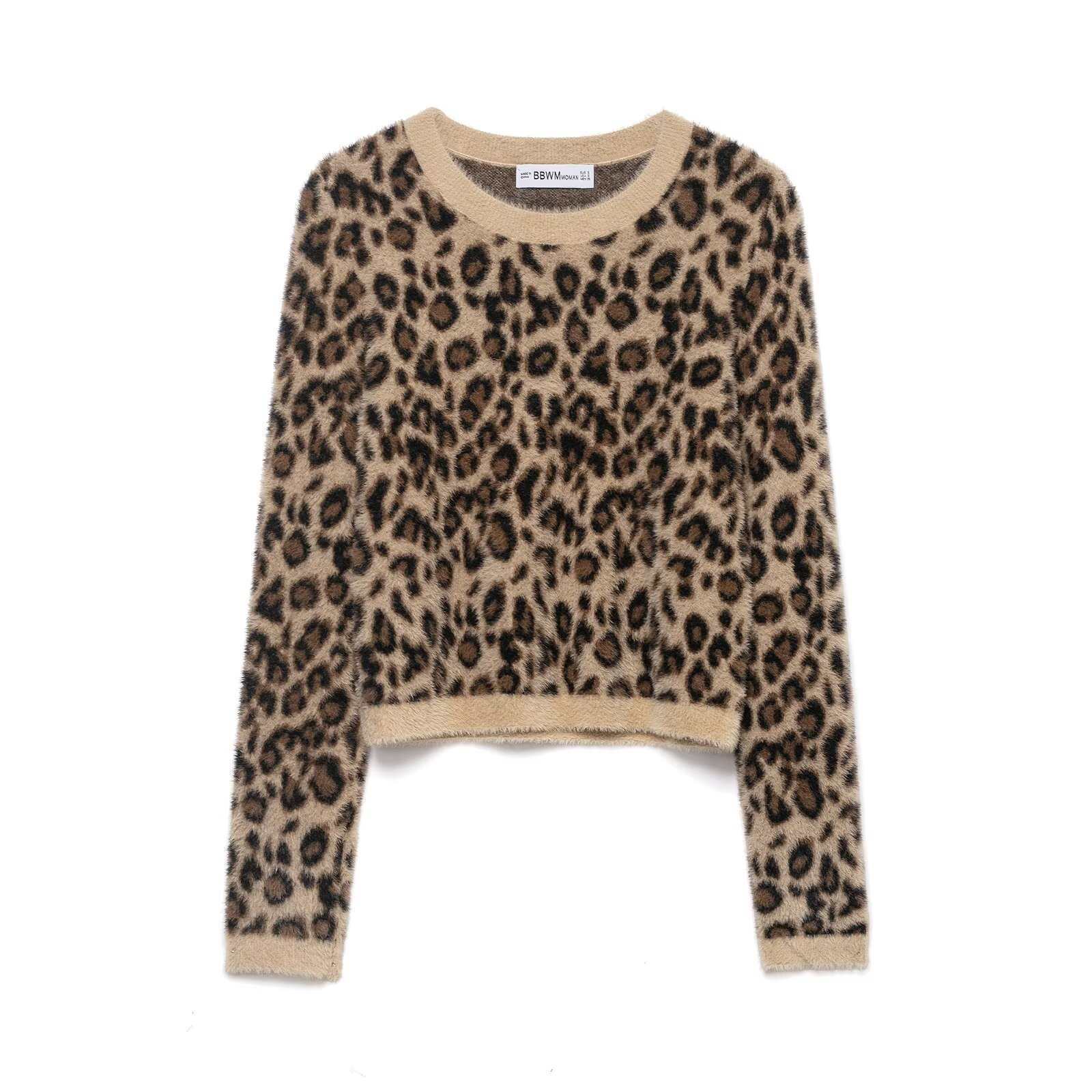 Retro Leopard-Print Crew-Neck Cropped Knitted Sweater - Genzzes