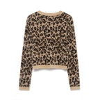 Retro Leopard-Print Crew-Neck Cropped Knitted Sweater - Genzzes