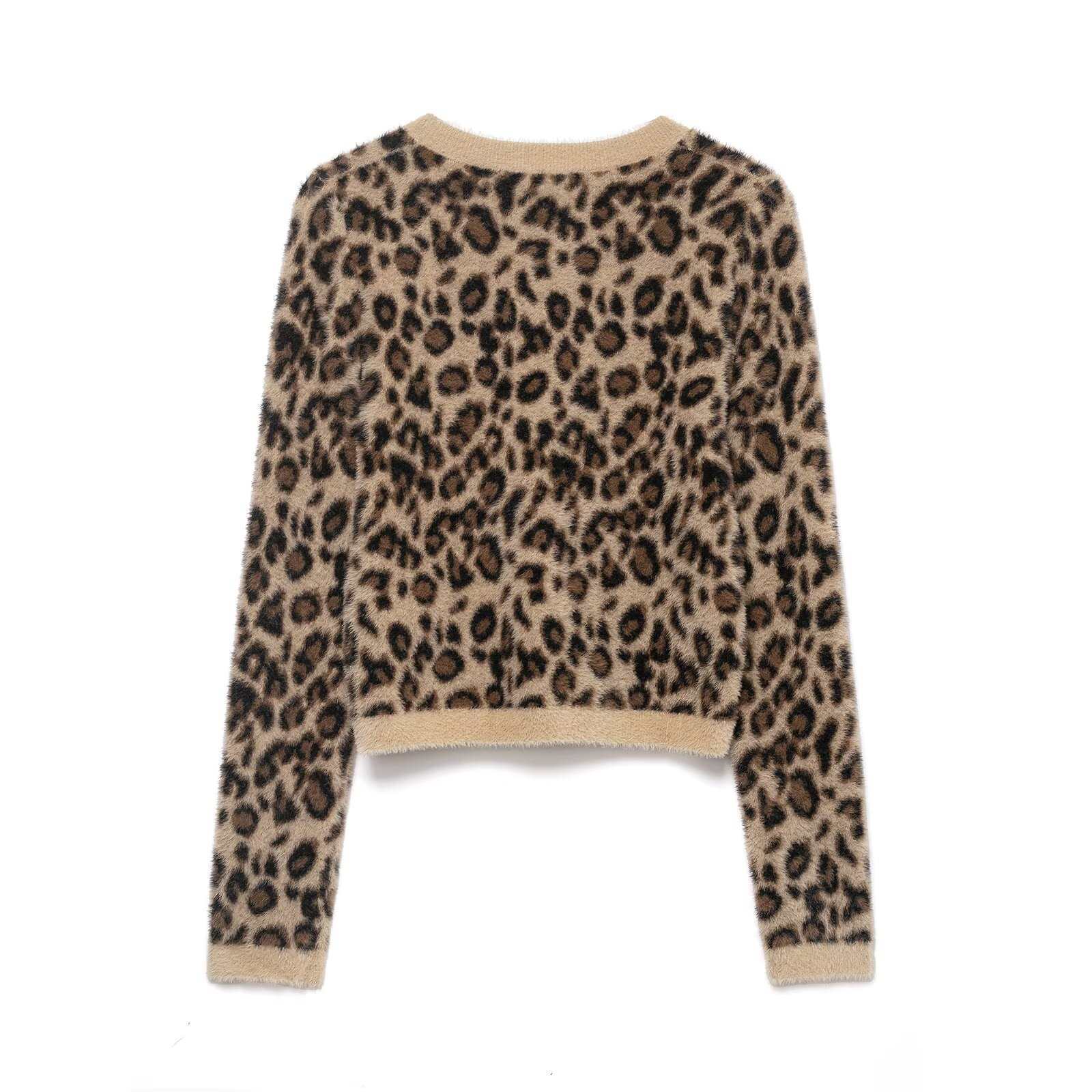 Retro Leopard-Print Crew-Neck Cropped Knitted Sweater - Genzzes