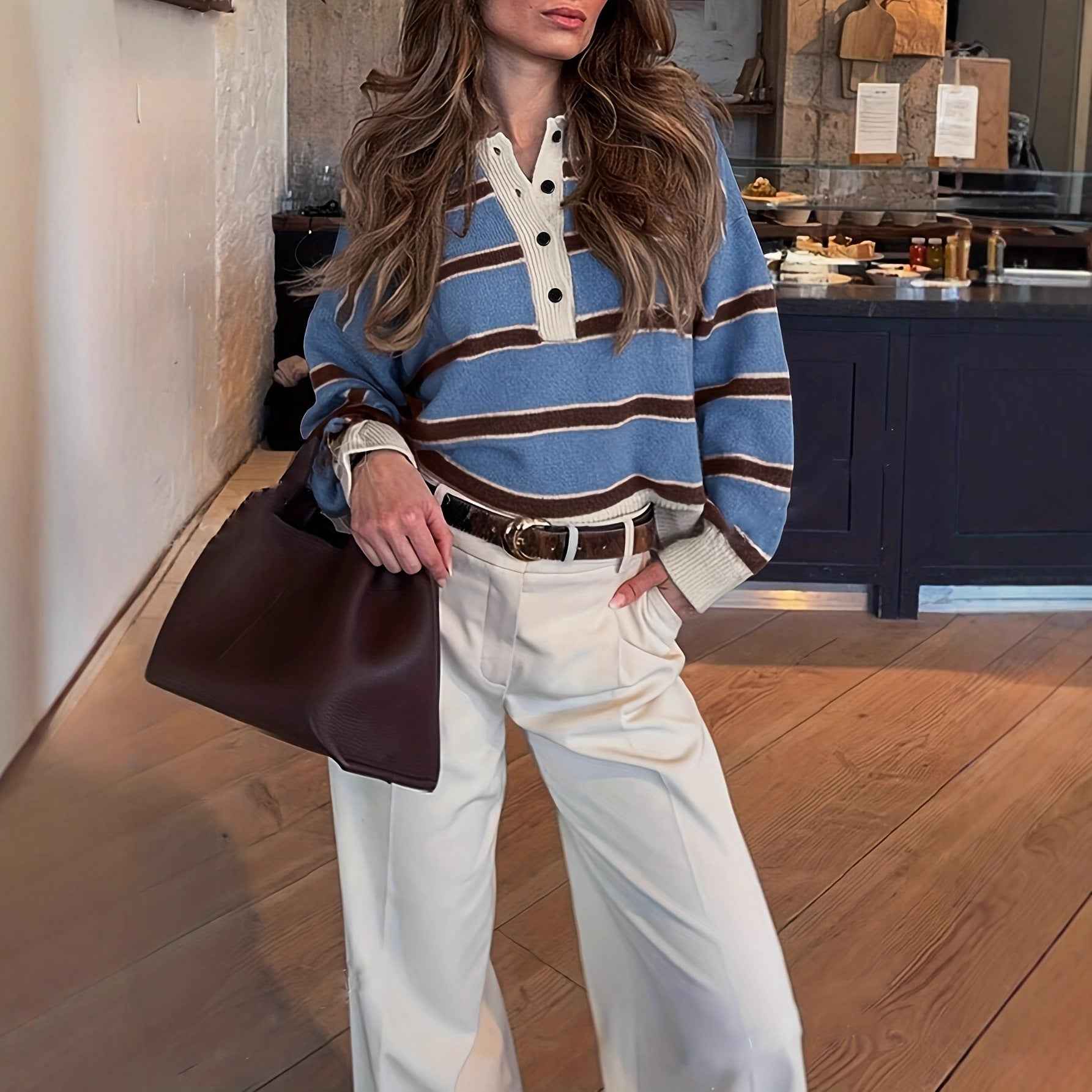 Retro Striped Half-button Polo-neck Sweater For Women