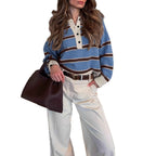Retro Striped Half-button Polo-neck Sweater For Women