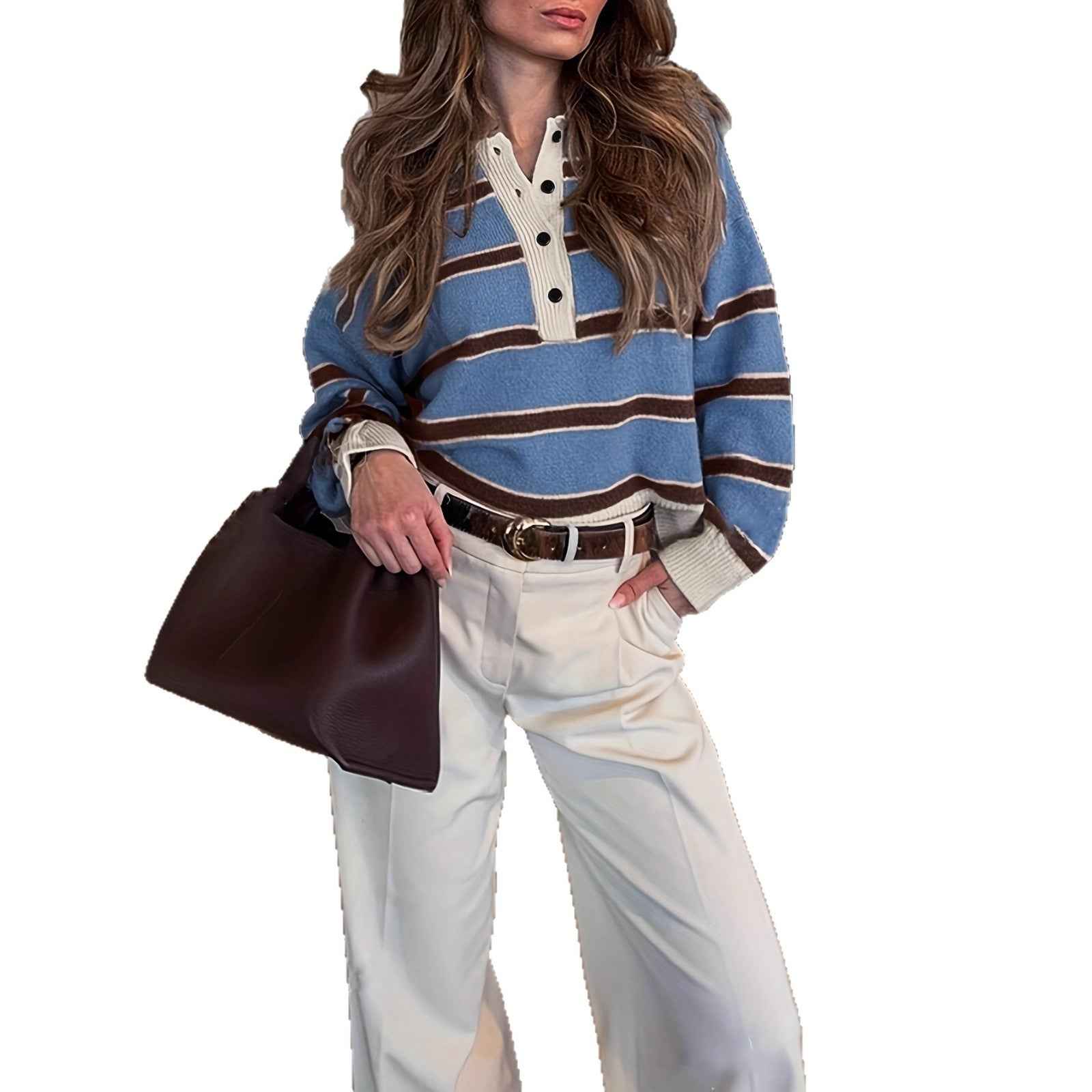 Retro Striped Half-button Polo-neck Sweater For Women