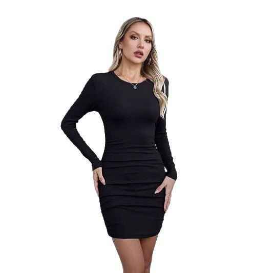Solid-color Pleated Drawstring Bodycon Dress With A Crew Neck