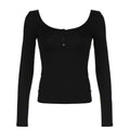 Solid-Color U-Neck Partially Open-Button Slim-fit Base Top