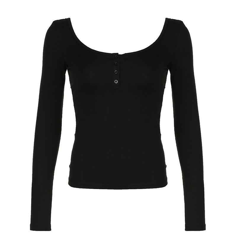 Solid-Color U-Neck Partially Open-Button Slim-fit Base Top