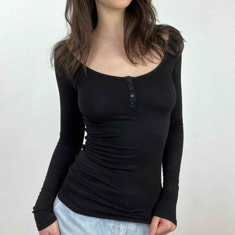 Solid-Color U-Neck Partially Open-Button Slim-fit Base Top