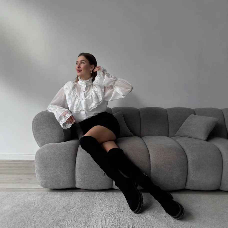 Stand-collar Chiffon Top With A Fashionable Design And Ruffled Hem