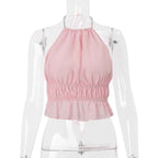 Street-Style Sexy Hollow-out Pleated Solid-Color Halter Tank Top