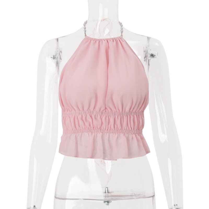 Street-Style Sexy Hollow-out Pleated Solid-Color Halter Tank Top