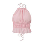 Street-Style Sexy Hollow-out Pleated Solid-Color Halter Tank Top