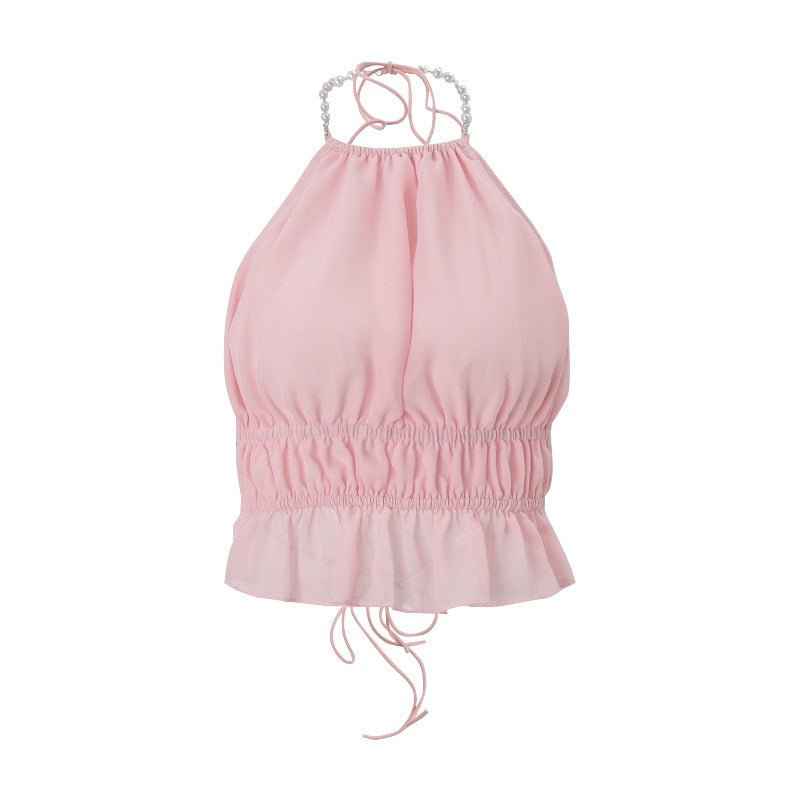 Street-Style Sexy Hollow-out Pleated Solid-Color Halter Tank Top