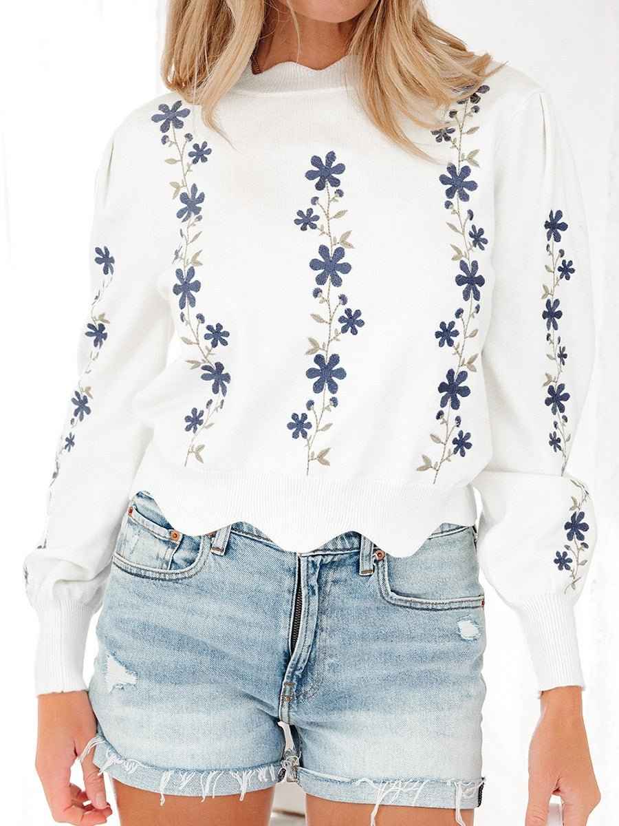 Sweet-style Printed Long-sleeved Pullover Sweater With Irregular Hem