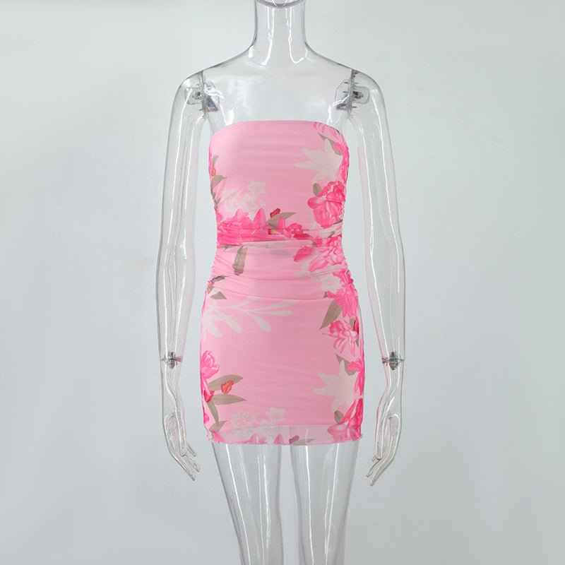 Tube Top Printed Slim Fit Pleated Double Layer Dress