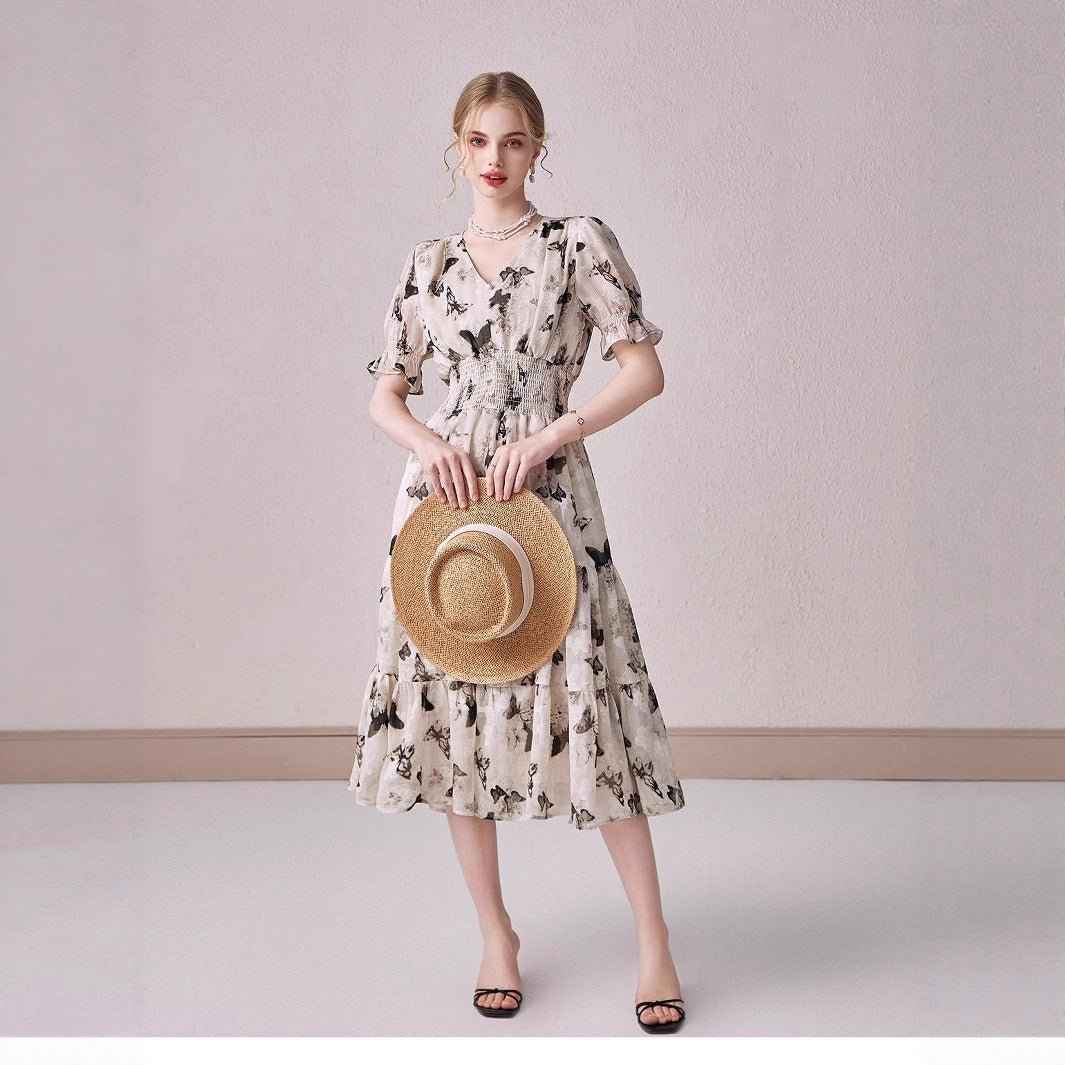 V-neck Puffed-sleeve Floral-print Midi Dress