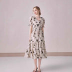 V-neck Puffed-sleeve Floral-print Midi Dress