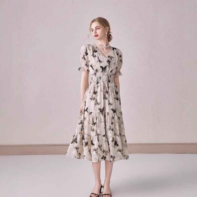 V-neck Puffed-sleeve Floral-print Midi Dress