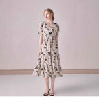 V-neck Puffed-sleeve Floral-print Midi Dress