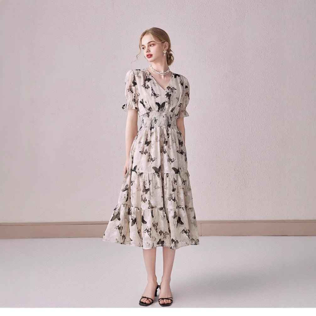 V-neck Puffed-sleeve Floral-print Midi Dress
