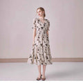 V-neck Puffed-sleeve Floral-print Midi Dress