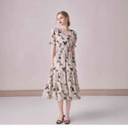 V-neck Puffed-sleeve Floral-print Midi Dress