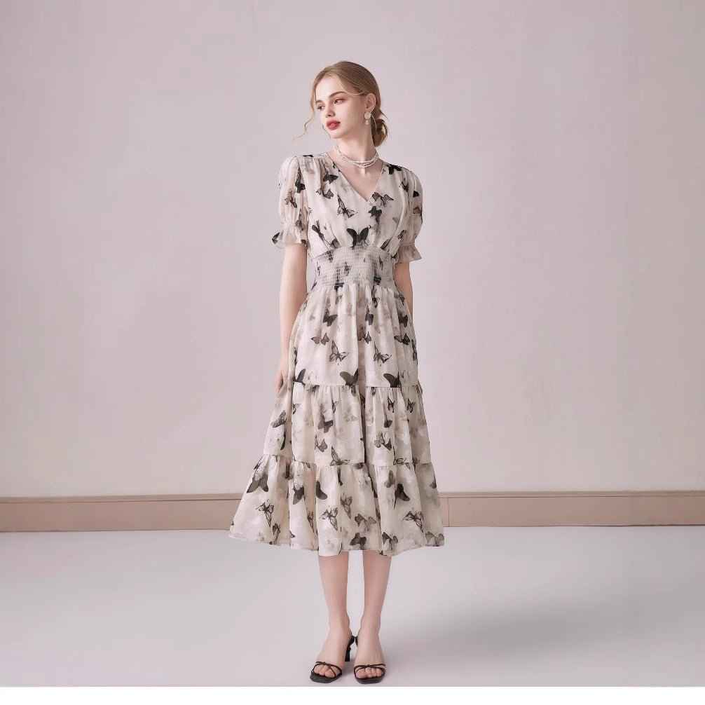 V-neck Puffed-sleeve Floral-print Midi Dress