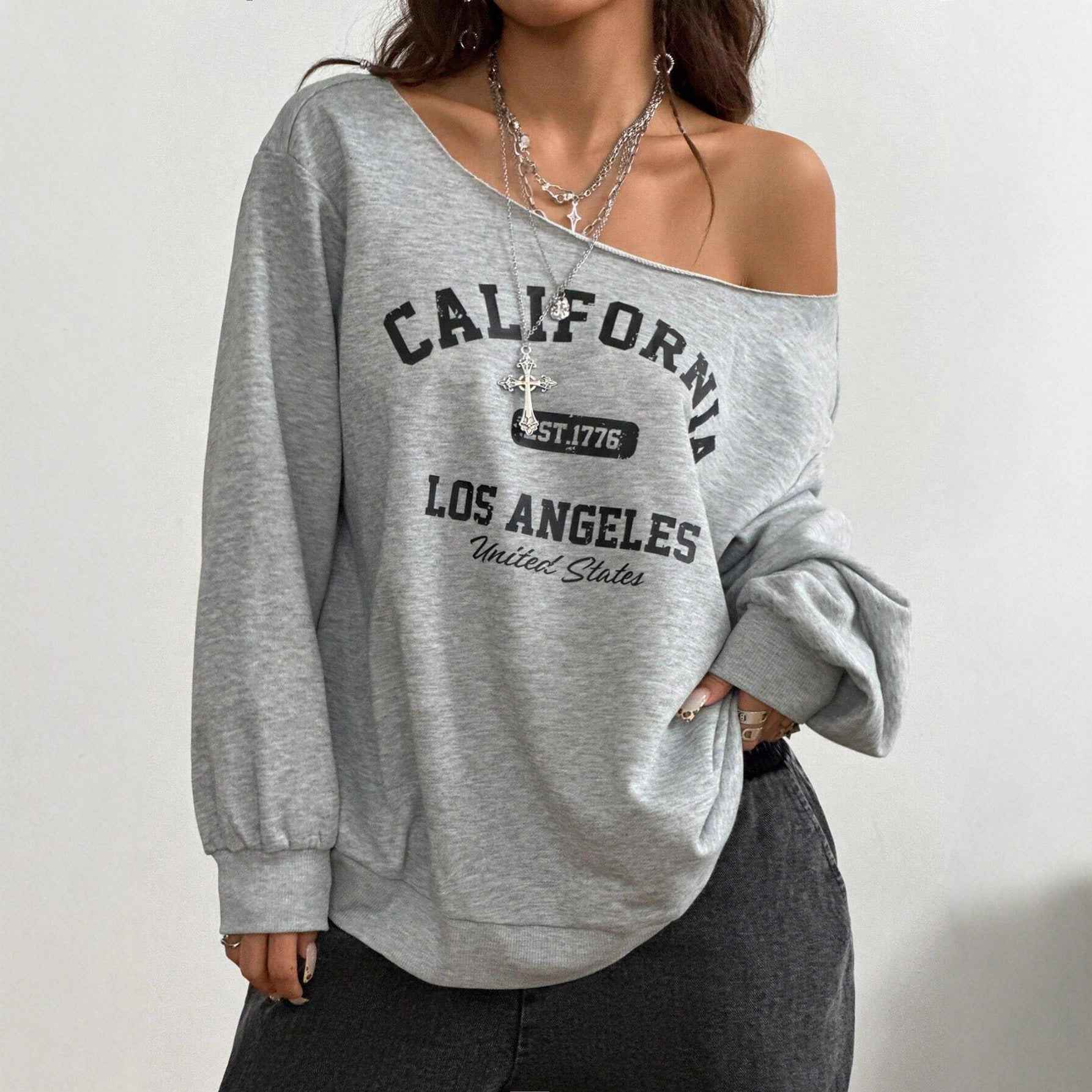 Women's Asymmetrical T-shirt With Slanted Shoulder Printed Letters And Pattern