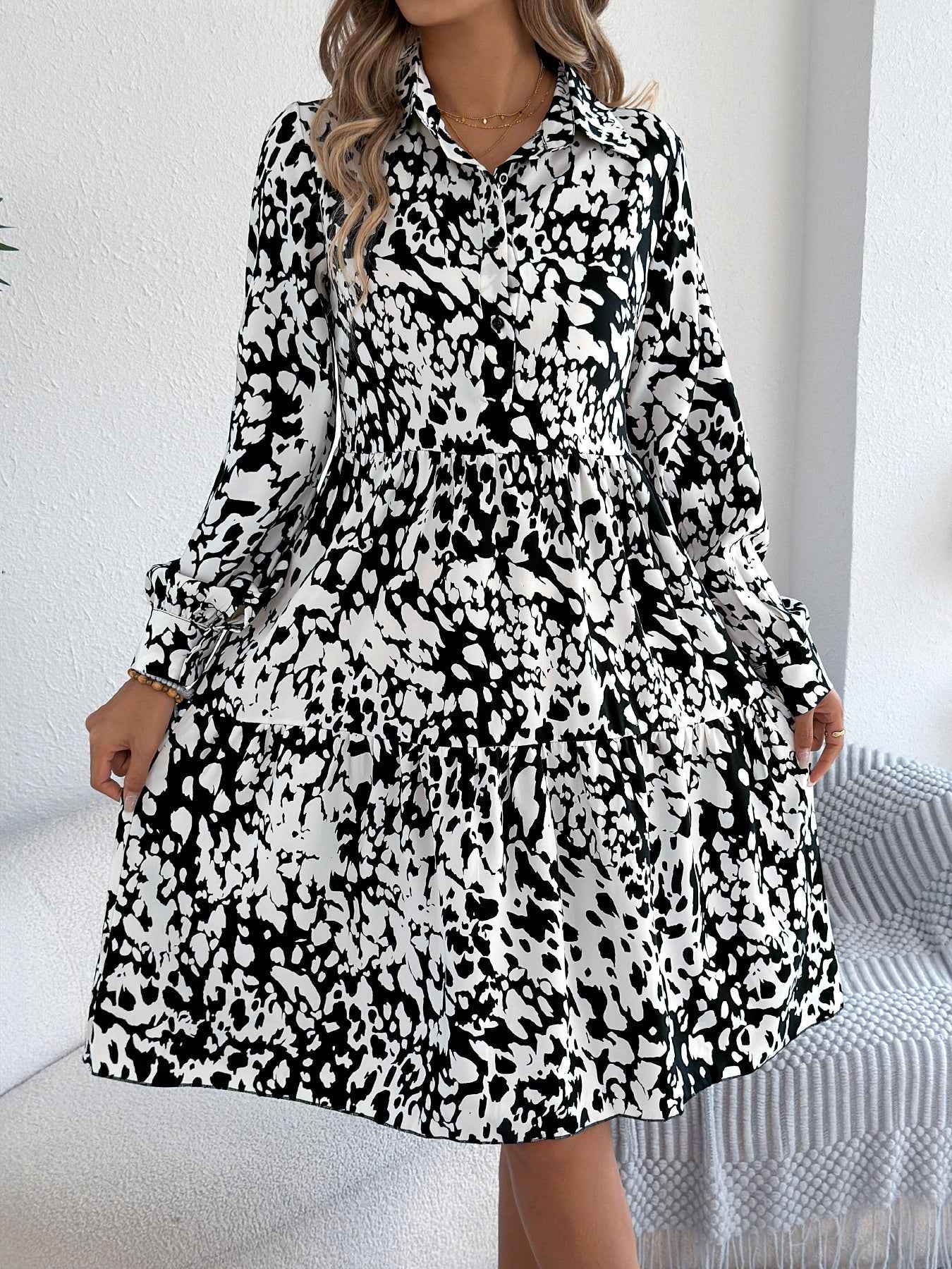Women's Casual Loose-Fit Color-Blocked Leopard Print Long Sleeve Shirt Dress