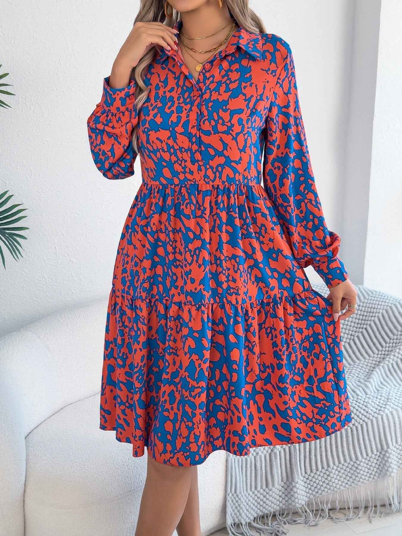 Women's Casual Loose-Fit Color-Blocked Leopard Print Long Sleeve Shirt Dress