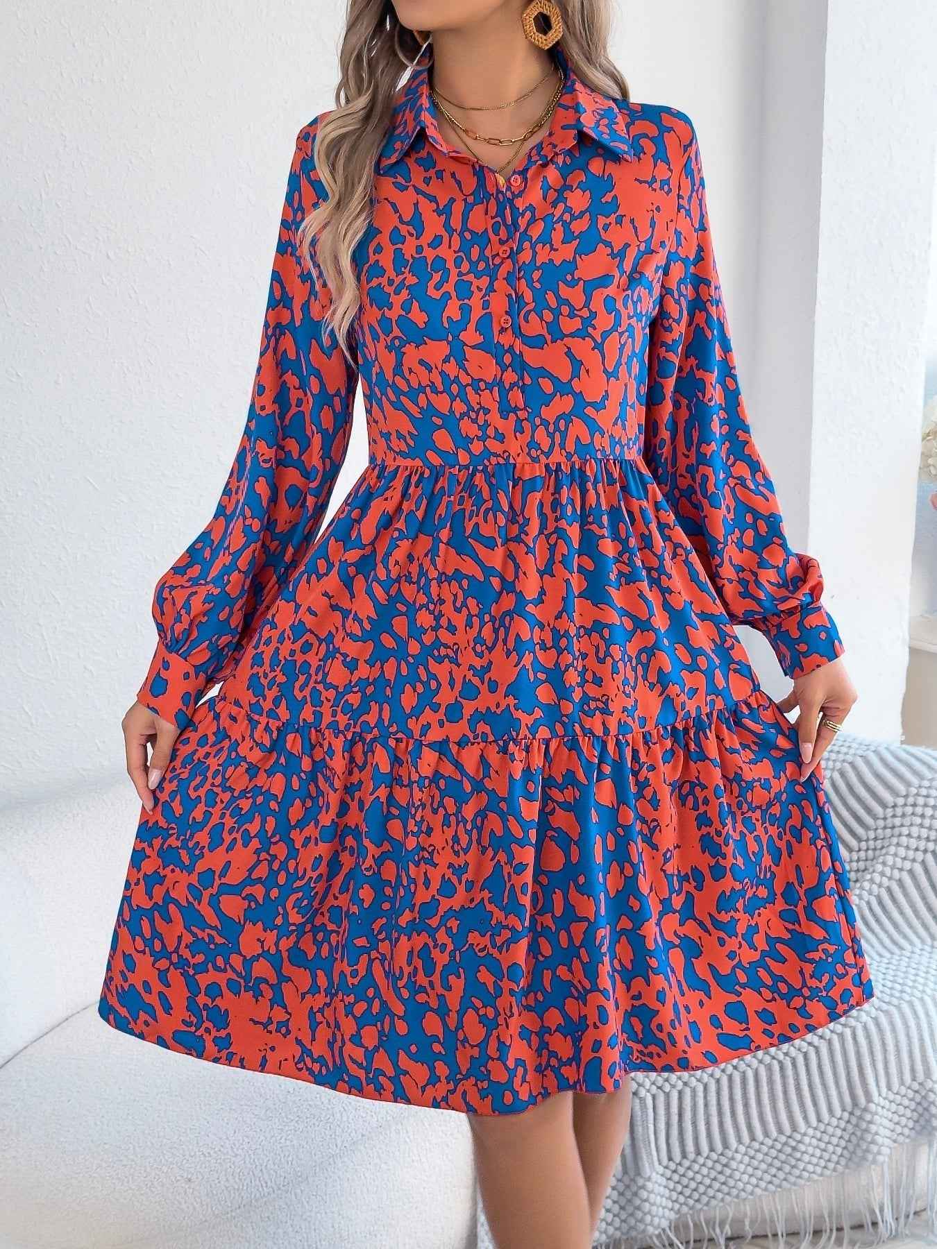 Women's Casual Loose-Fit Color-Blocked Leopard Print Long Sleeve Shirt Dress