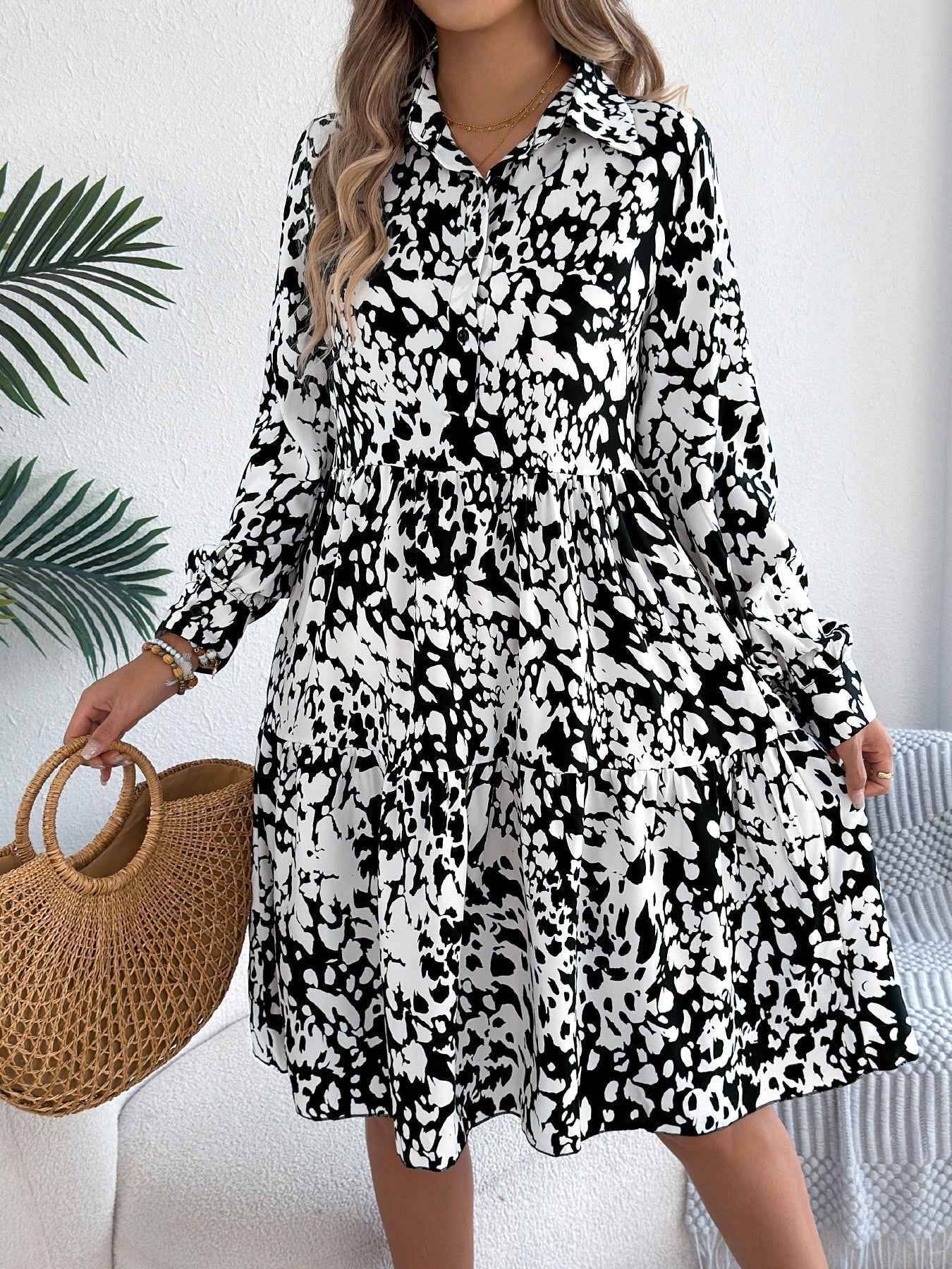 Women's Casual Loose-Fit Color-Blocked Leopard Print Long Sleeve Shirt Dress