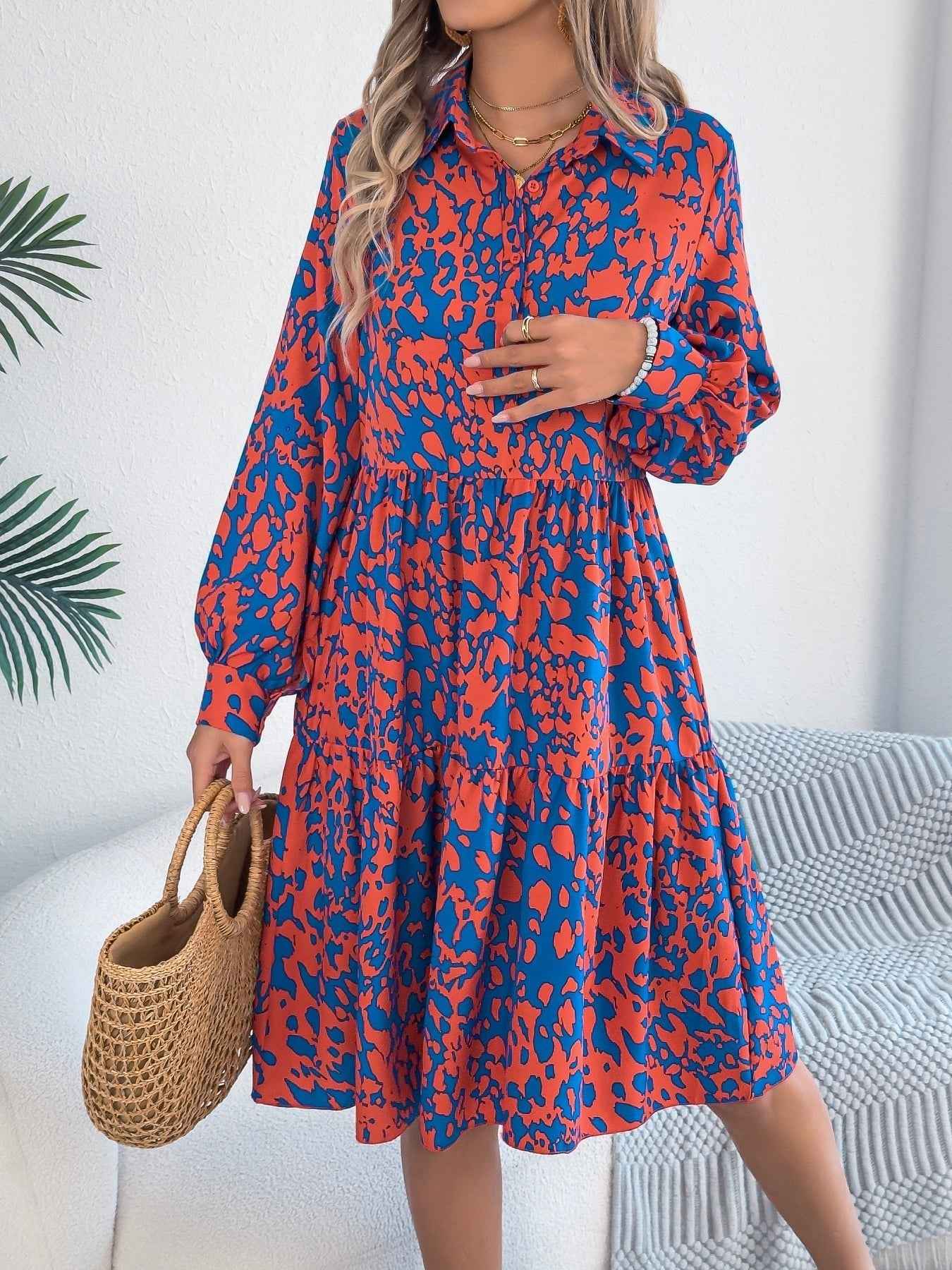 Women's Casual Loose-Fit Color-Blocked Leopard Print Long Sleeve Shirt Dress