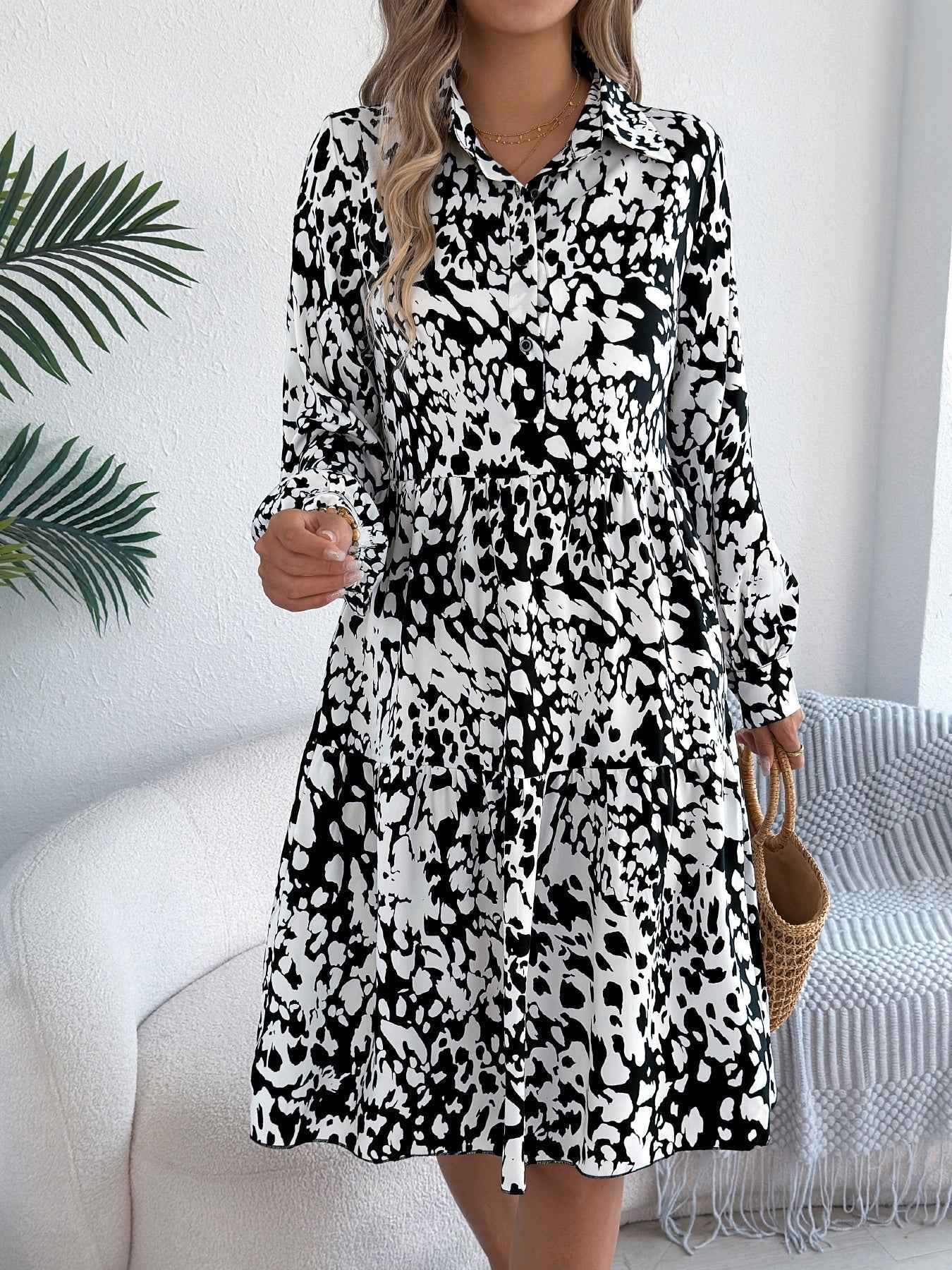 Women's Casual Loose-Fit Color-Blocked Leopard Print Long Sleeve Shirt Dress