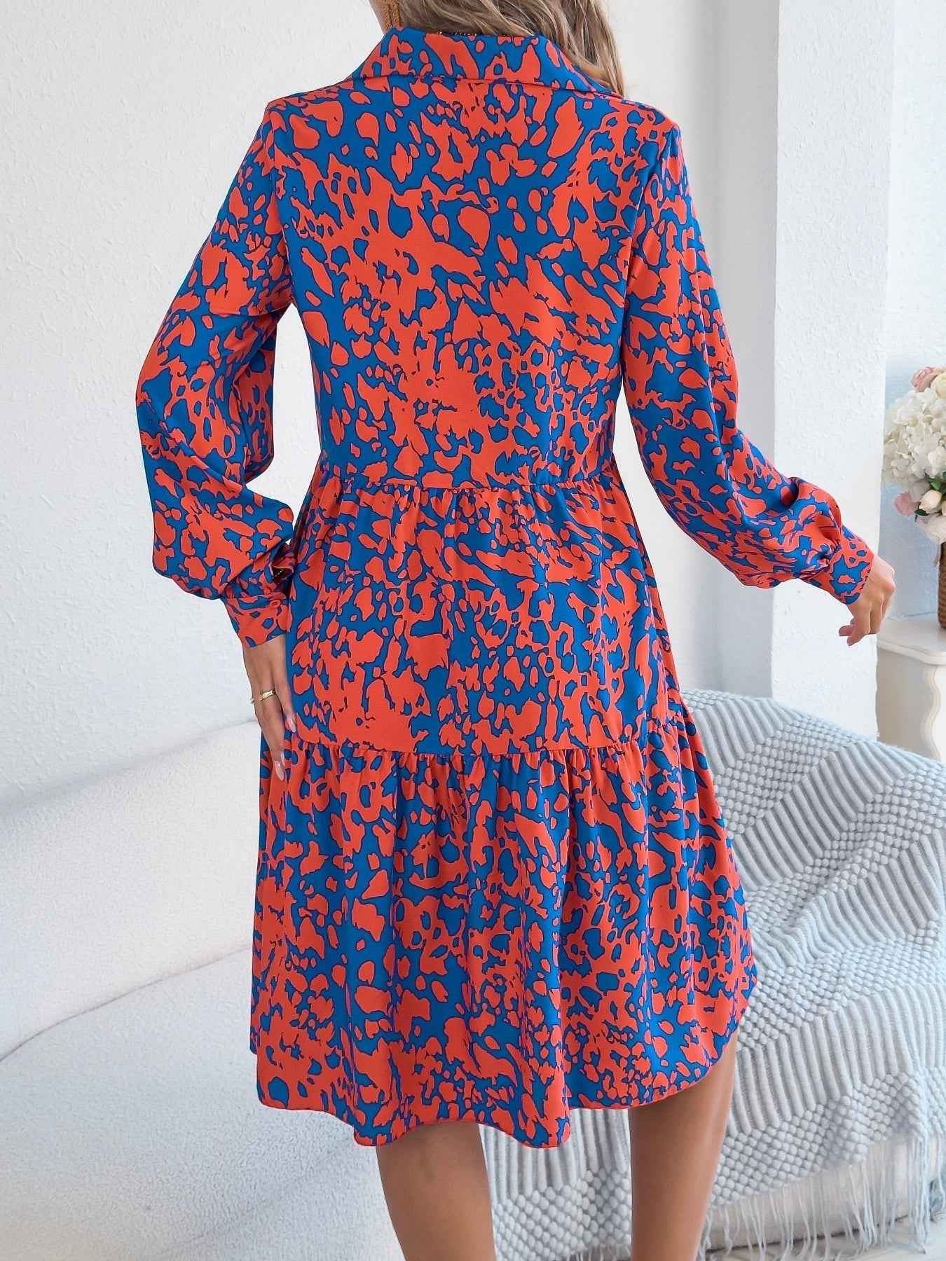 Women's Casual Loose-Fit Color-Blocked Leopard Print Long Sleeve Shirt Dress