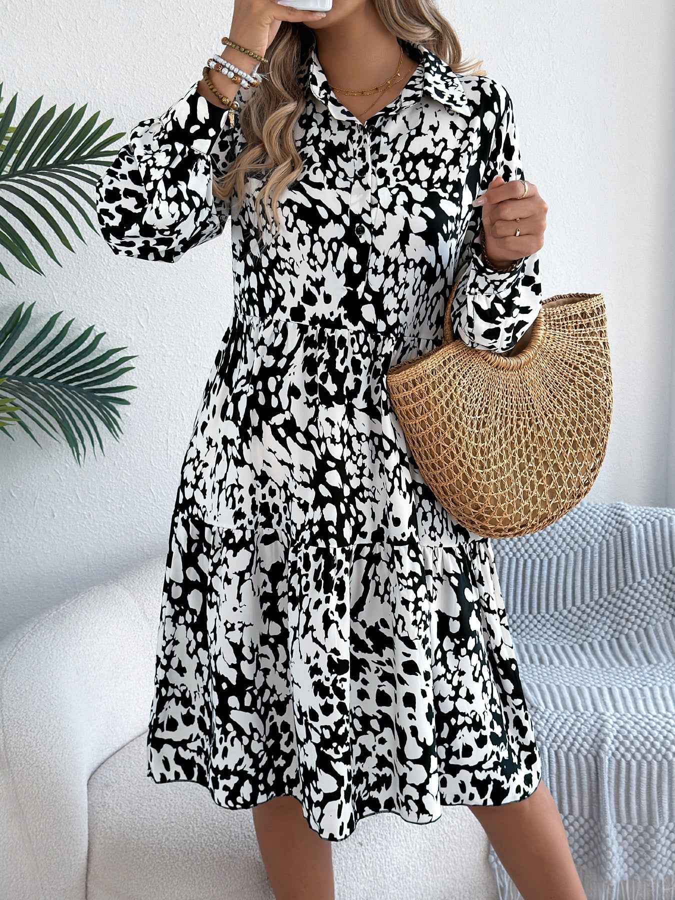 Women's Casual Loose-Fit Color-Blocked Leopard Print Long Sleeve Shirt Dress