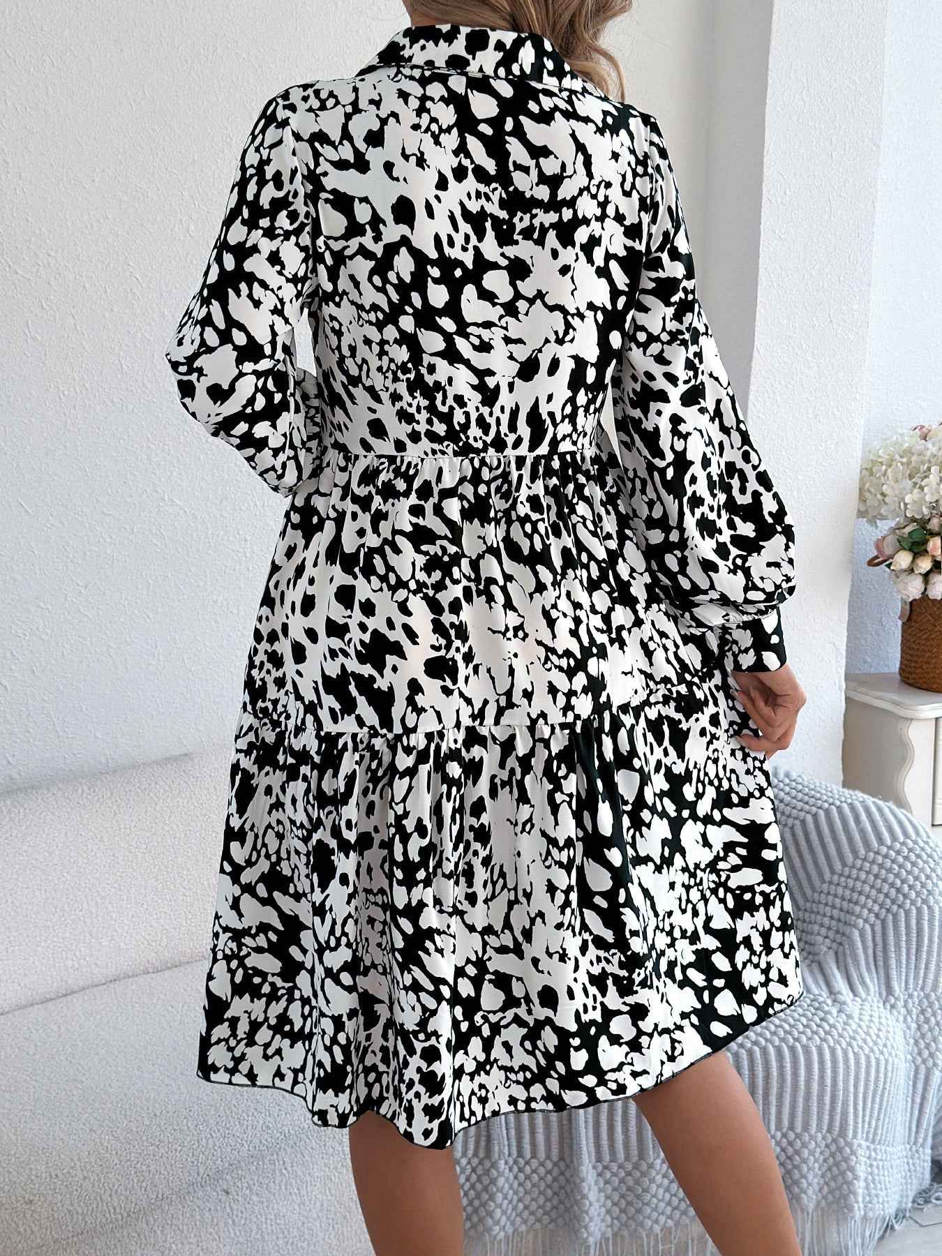 Women's Casual Loose-Fit Color-Blocked Leopard Print Long Sleeve Shirt Dress