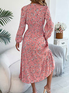 Women's Elegant Floral V-Neck Long Sleeve Waist-Defined Hem Ruffle A-Line Dress