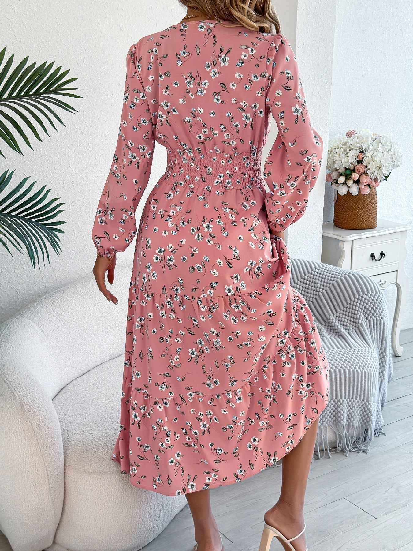 Women's Elegant Floral V-Neck Long Sleeve Waist-Defined Hem Ruffle A-Line Dress