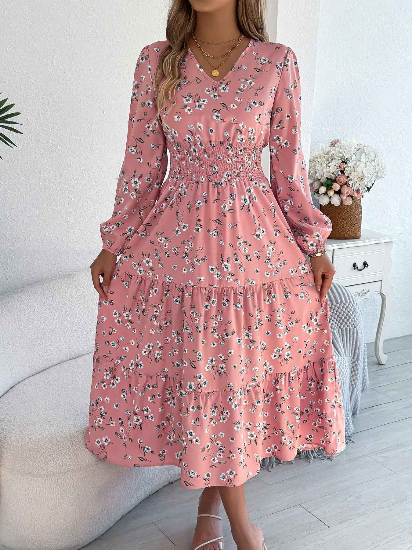 Women's Elegant Floral V-Neck Long Sleeve Waist-Defined Hem Ruffle A-Line Dress
