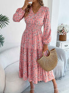 Women's Elegant Floral V-Neck Long Sleeve Waist-Defined Hem Ruffle A-Line Dress