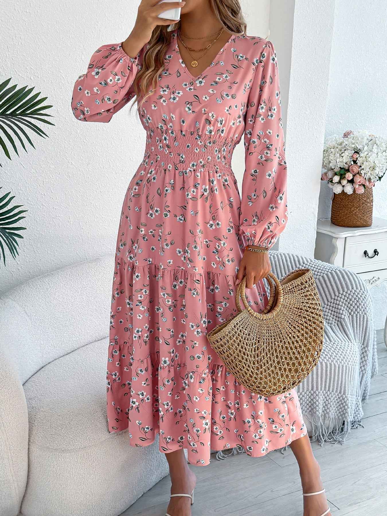 Women's Elegant Floral V-Neck Long Sleeve Waist-Defined Hem Ruffle A-Line Dress