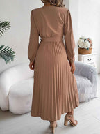 Women's Elegant V-Neck Button Tie-Waist Flared Pleated Maxi Dress