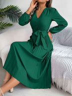 Women's Elegant V-Neck Button Tie-Waist Flared Pleated Maxi Dress