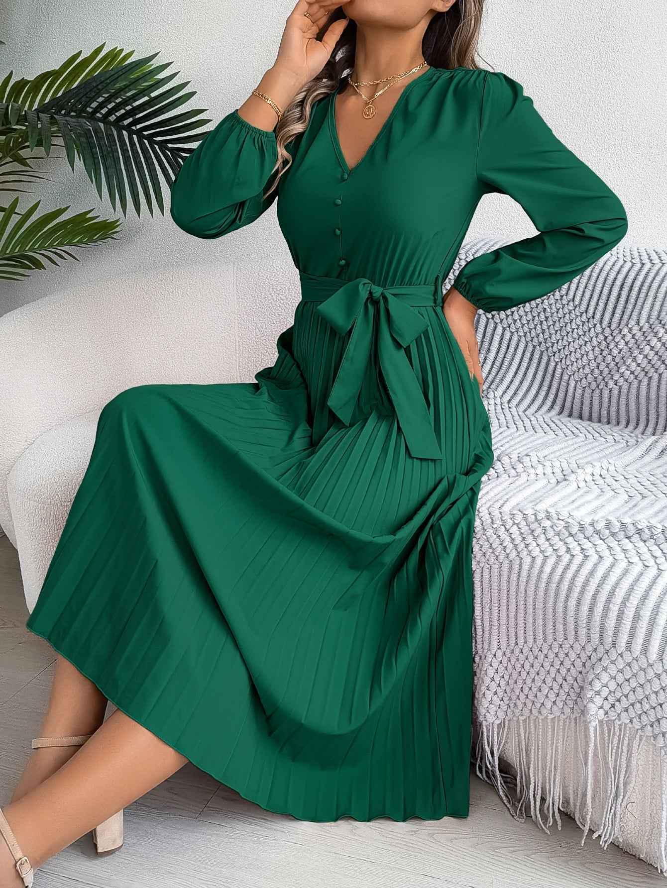 Women's Elegant V-Neck Button Tie-Waist Flared Pleated Maxi Dress