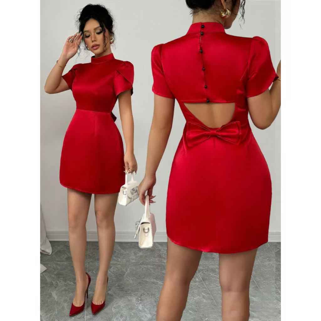 Womens Fashion Half-Neck Hollow-Out Bow-Knot Dress