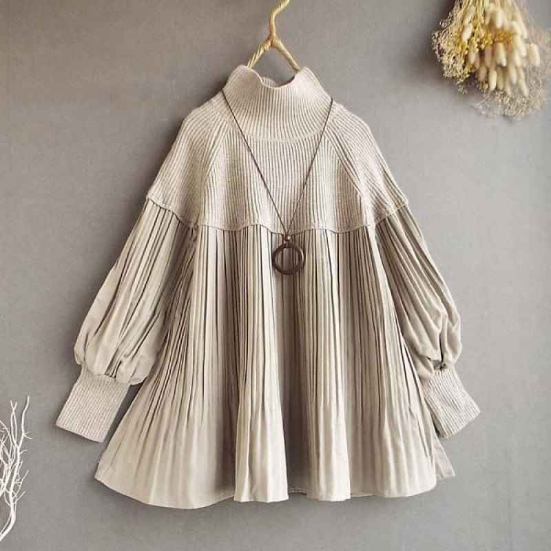 Women's Knitted Patchwork Turtleneck Top With Puff Sleeves
