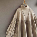 Women's Knitted Patchwork Turtleneck Top With Puff Sleeves