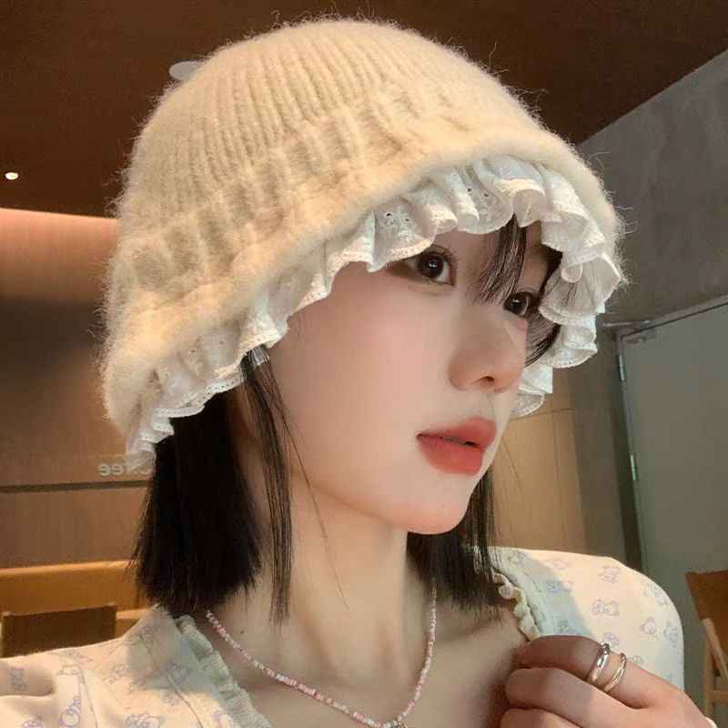 Womens Lace-Trimmed Knitted Fisherman Hat